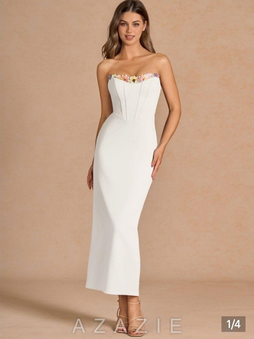 Azazie White Strapless Midi Dress with Floral Trim